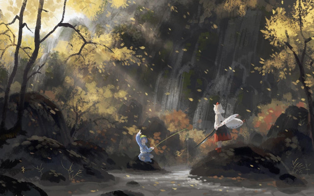 Women fishing stream forest trees free wallpaper for desktop - medium preview image