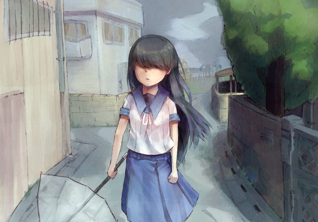 Girl walking street cane house free wallpaper for desktop - medium preview image