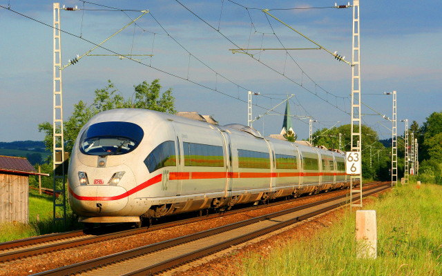 Train traveling tracks building trees free wallpaper for desktop - medium preview image