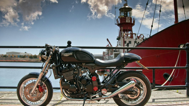 Motorcycle pier red boat lighthouse free wallpaper for desktop - medium preview image