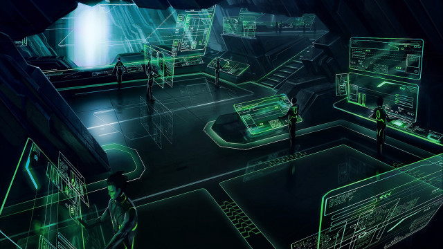 Futuristic room green lights man free wallpaper for desktop - medium preview image
