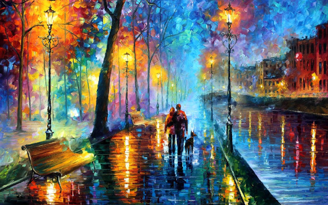 Rainy street night impressionism couple free wallpaper for desktop - medium preview image