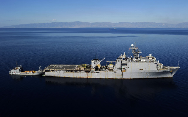 Large ship ocean mountains aerial free wallpaper for desktop - medium preview image