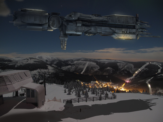 Futuristic building snowy mountains night free wallpaper for desktop - medium preview image
