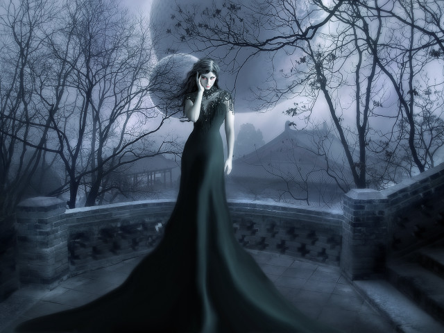 Woman long dress bridge moonlight free wallpaper for desktop - medium preview image