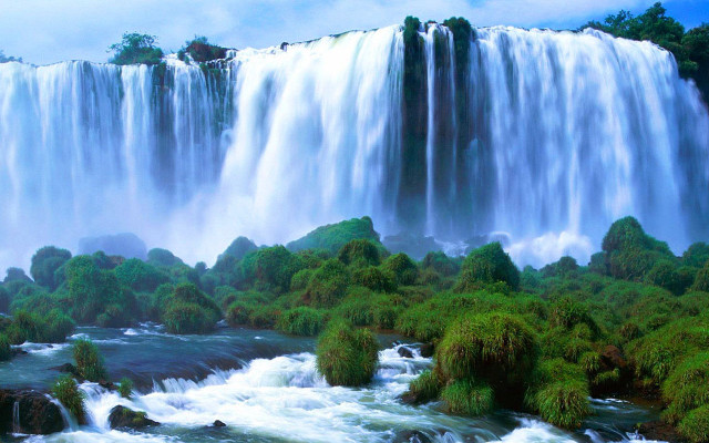 Large waterfall river trees clouds free wallpaper for desktop - medium preview image