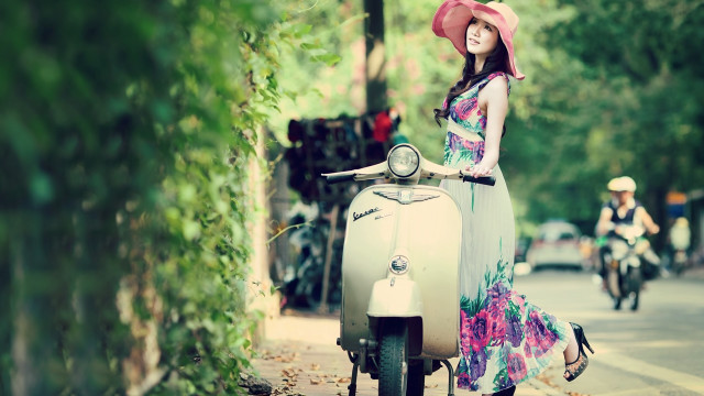 Woman long dress hat scooter free wallpaper for desktop - medium preview image