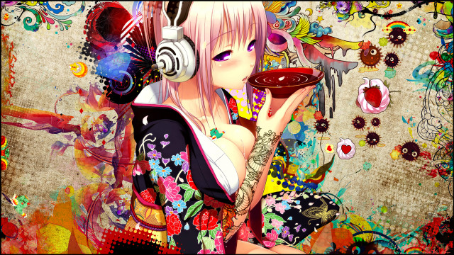Woman headphones food plate painting free wallpaper for desktop - medium preview image