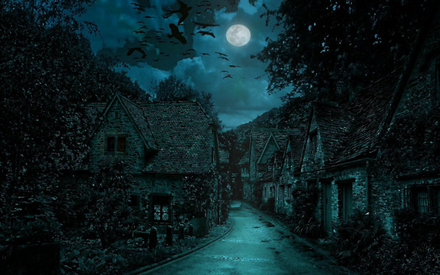 Dark alley full moon bats free wallpaper for desktop - medium preview image