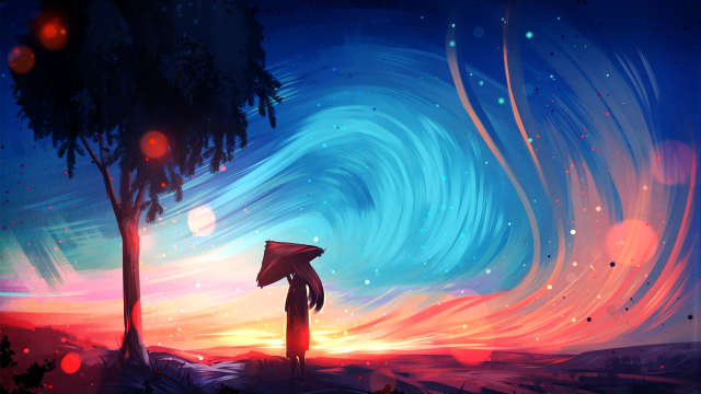 Person umbrella night sky colorful free wallpaper for desktop - medium preview image