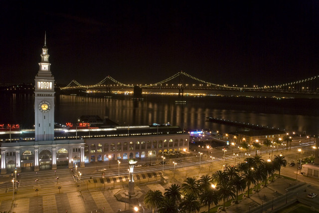 Clock tower city night bridge free wallpaper for desktop - medium preview image