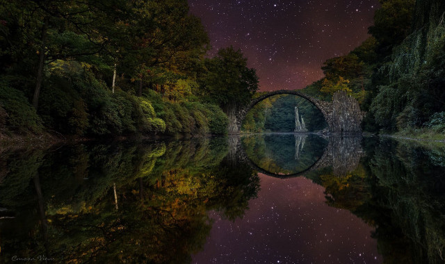 Night bridge lake sky stars free wallpaper for desktop - medium preview image