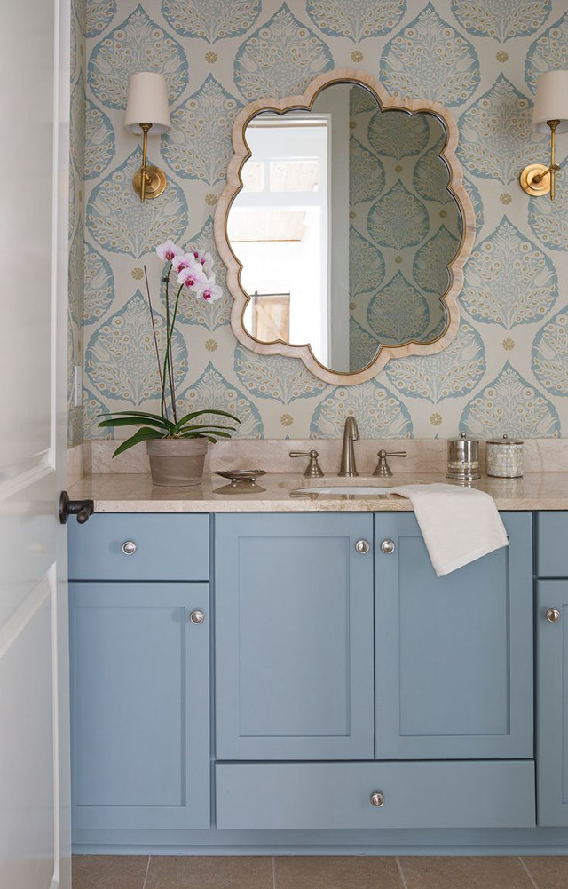 Blue vanity bathroom mirror flowerpot free wallpaper for mobile - medium preview image