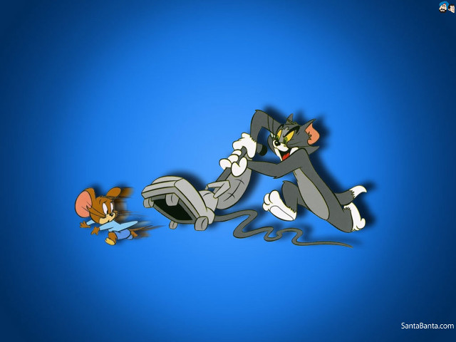 Cartoon cat mouse fight blue free wallpaper for desktop - medium preview image