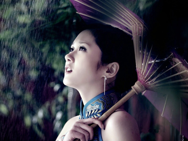 Woman holding umbrella rain forest free wallpaper for desktop - medium preview image