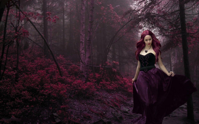 Woman purple dress forest trees free wallpaper for desktop - medium preview image