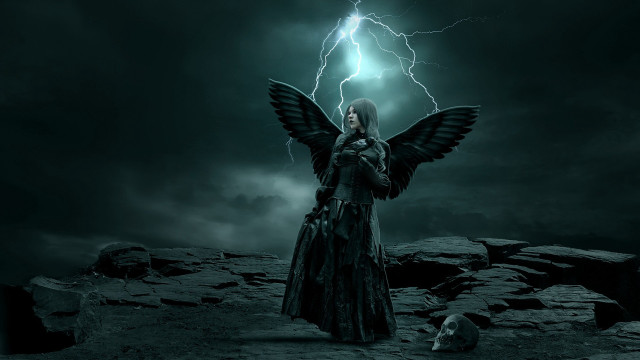 Woman wings field dog lightning free wallpaper for desktop - medium preview image