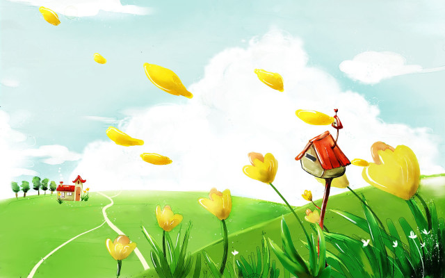 Birdhouse yellow flowers field red free wallpaper for desktop - medium preview image