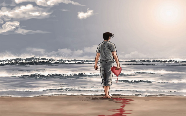 Man beach ocean heart bloodied free wallpaper for desktop - medium preview image
