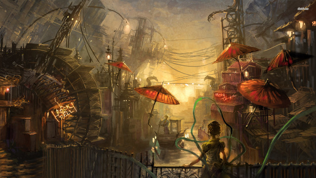 Woman umbrella city buildings hanging free wallpaper for desktop - medium preview image