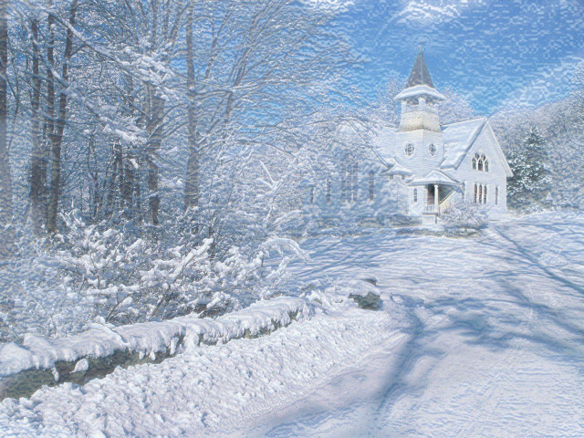 White church snowy forest path #2 free wallpaper for desktop - medium preview image
