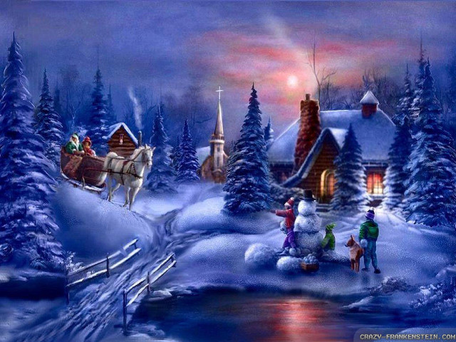 Christmas sleigh snow house person free wallpaper for desktop - medium preview image