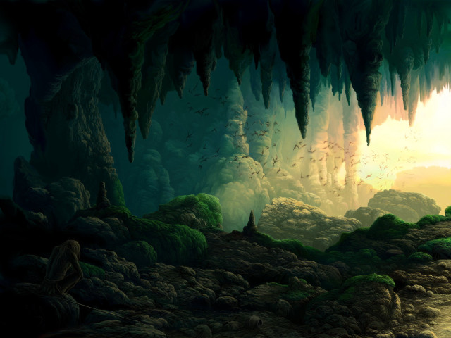 Cave stream man standing painting free wallpaper for desktop - medium preview image