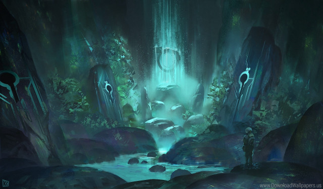 Man cave stream waterfall painting free wallpaper for desktop - medium preview image