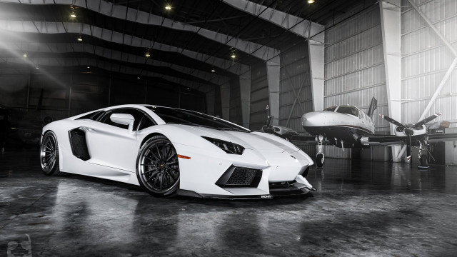 White sports car hangar plane free wallpaper for desktop - medium preview image