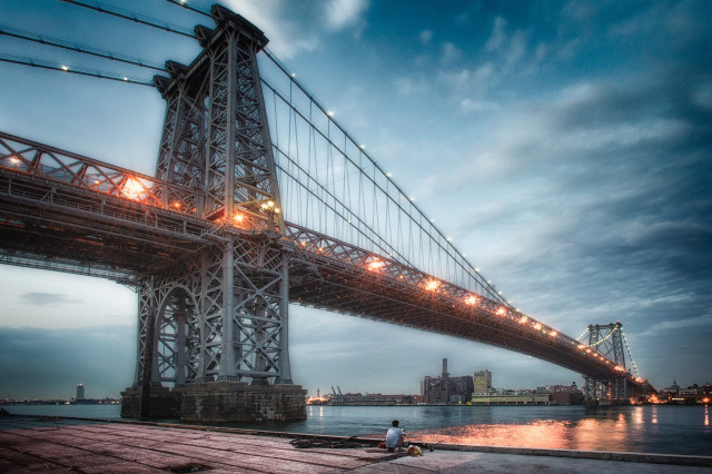 Bridge lights person sitting ground free wallpaper for desktop - medium preview image