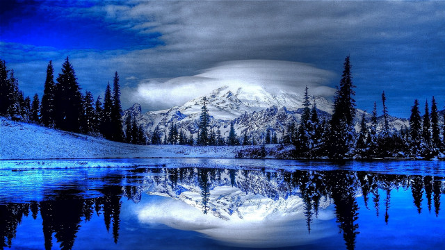 Mountain snow peak trees lake free wallpaper for desktop - medium preview image
