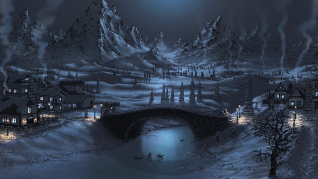 Snowy landscape bridge houses night free wallpaper for desktop - medium preview image