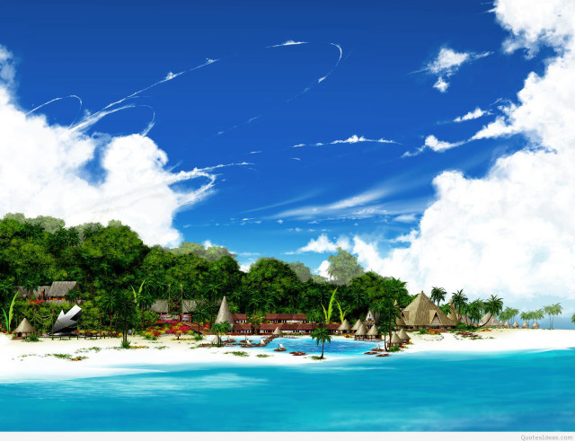 Tropical beach hut trees blue free wallpaper for desktop - medium preview image