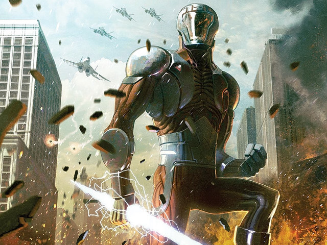 Futuristic man suit sword city free wallpaper for desktop - medium preview image