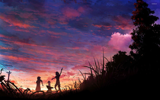 Family walking field sunset sky free wallpaper for desktop - medium preview image