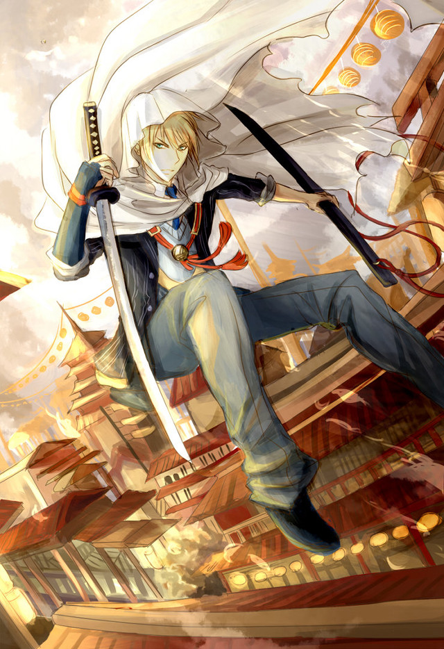 Woman sword city buildings clouds free wallpaper for mobile - medium preview image