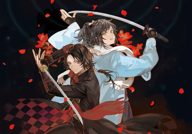 Anime characters swords blood backs free wallpaper for desktop - medium preview image