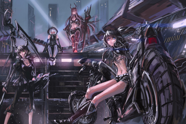 Anime girls motorcycle city night free wallpaper for desktop - medium preview image