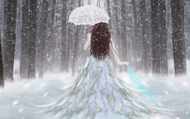 Woman white dress umbrella snow #3 free wallpaper for desktop - medium preview image
