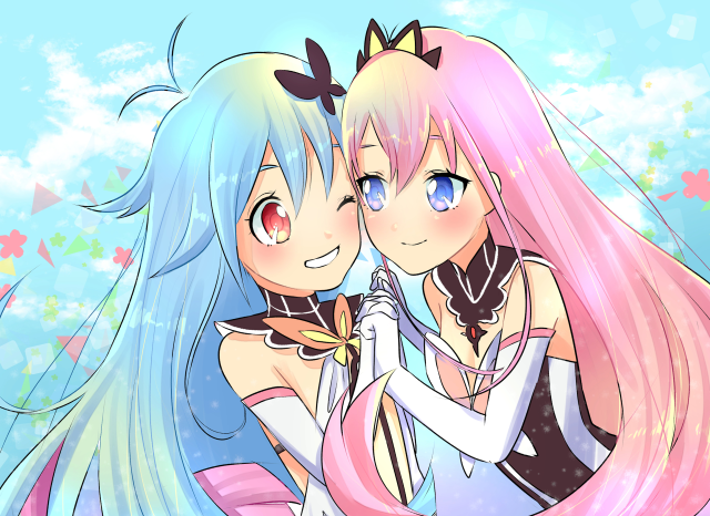 Anime girls hugging butterfly blue free wallpaper for desktop - medium preview image