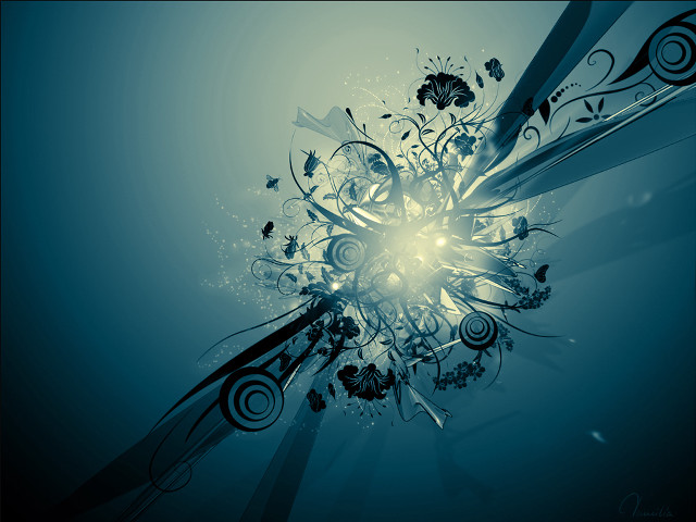 Blue background flowers swirls pattern free wallpaper for desktop - medium preview image