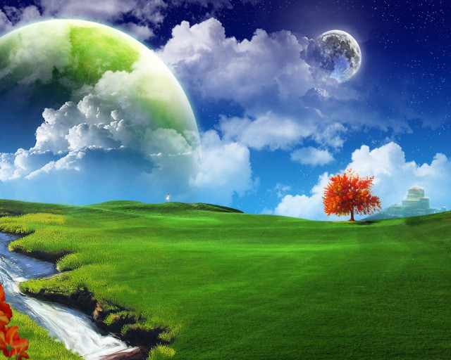 Green field tree stream painting #7 free wallpaper for desktop - medium preview image