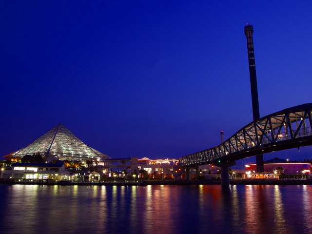 Bridge water night building pyramid free wallpaper for desktop - medium preview image