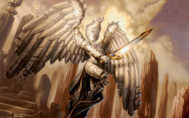 Man sword wings city street free wallpaper for desktop - medium preview image