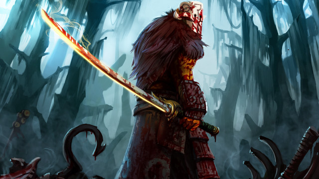 Man red outfit sword forest #2 free wallpaper for desktop - medium preview image
