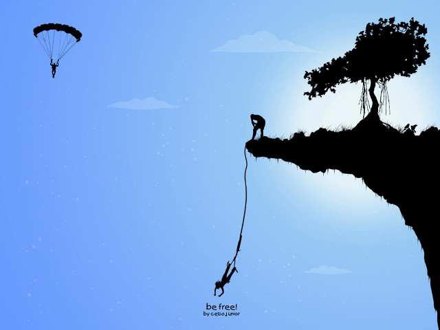 Cliff hanging person tree rope free wallpaper for desktop - medium preview image
