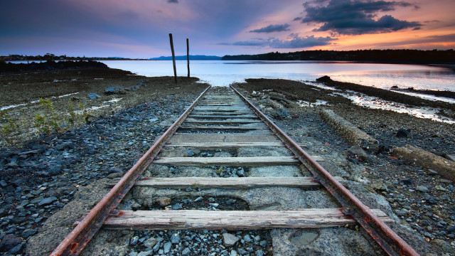Train track sunset water city free wallpaper for desktop - medium preview image