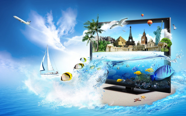 Tropical island boat city water free wallpaper for desktop - medium preview image