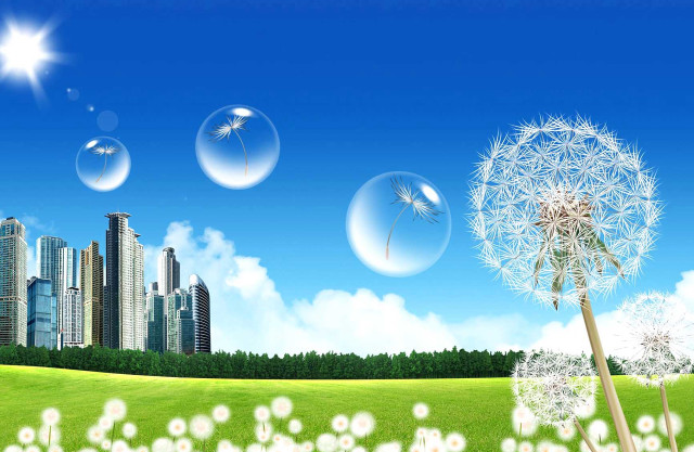 Dandelion city bubbles flying background free wallpaper for desktop - medium preview image