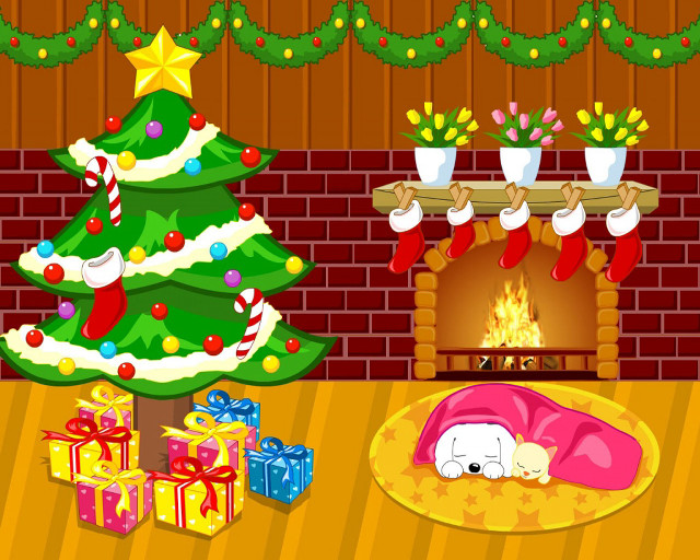 Christmas tree presents fireplace ornaments free wallpaper for desktop - medium preview image